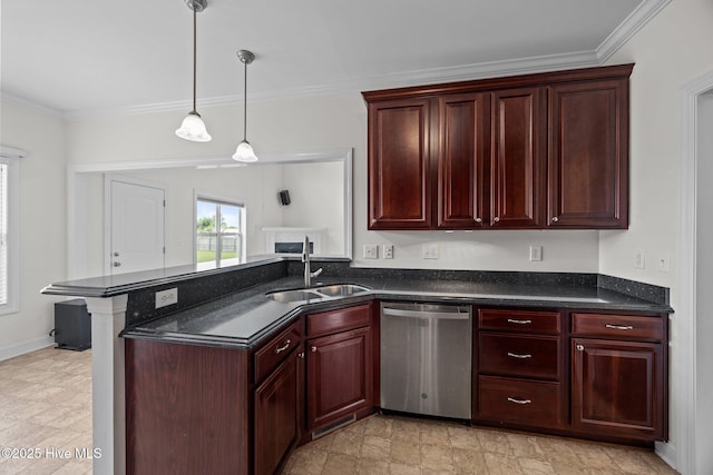 3107 Indian Wells Pl, Greenville, NC 27858 - kitchen featuring dishwasher, a sink, reddish brown cabinets, a peninsula, and crown molding