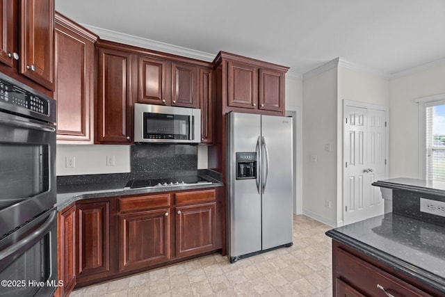 3107 Indian Wells Pl, Greenville, NC 27858 - kitchen featuring stainless steel appliances, ornamental molding, dark stone countertops, and dark brown cabinets