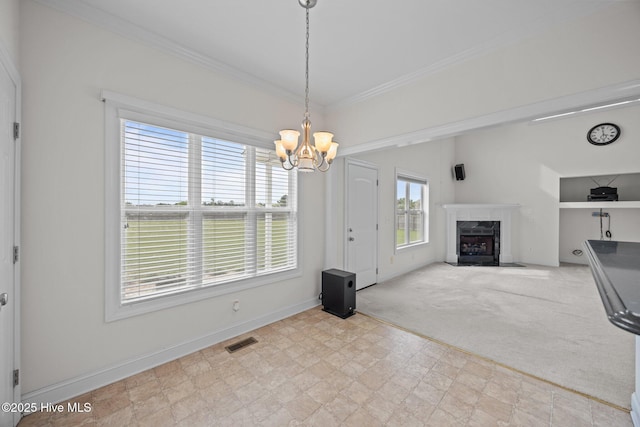3107 Indian Wells Pl, Greenville, NC 27858 - unfurnished living room featuring a chandelier, ornamental molding, baseboards, a fireplace, and light colored carpet