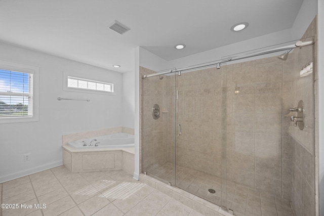 3107 Indian Wells Pl, Greenville, NC 27858 - full bath with a garden tub, a stall shower, tile patterned flooring, baseboards, and recessed lighting