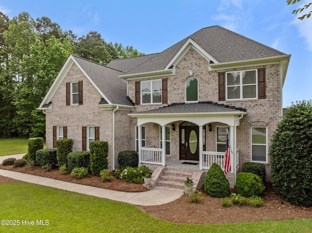3107 Indian Wells Pl, Greenville, NC 27858 - view of front of home with covered porch, roof with shingles, a front yard, and brick siding