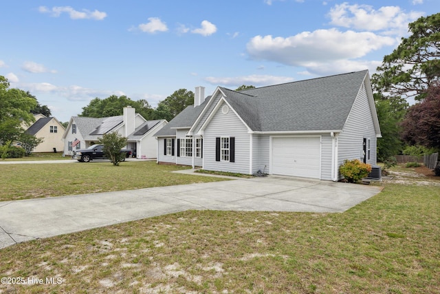 6814 Lipscomb Dr, Wilmington, NC 28412 - view of front of house featuring an attached garage, driveway, a front lawn, a shingled roof, and a chimney