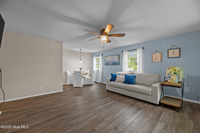 210 Glenburnie Dr, New Bern, NC 28560 - living area featuring ceiling fan, dark wood finished floors, and baseboards