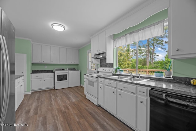 210 Glenburnie Dr, New Bern, NC 28560 - kitchen featuring dishwasher, white electric range oven, separate washer and dryer, dark countertops, and ornamental molding