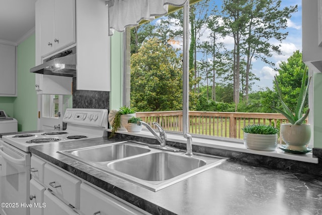 210 Glenburnie Dr, New Bern, NC 28560 - kitchen with white electric range oven, under cabinet range hood, a sink, dark countertops, and crown molding