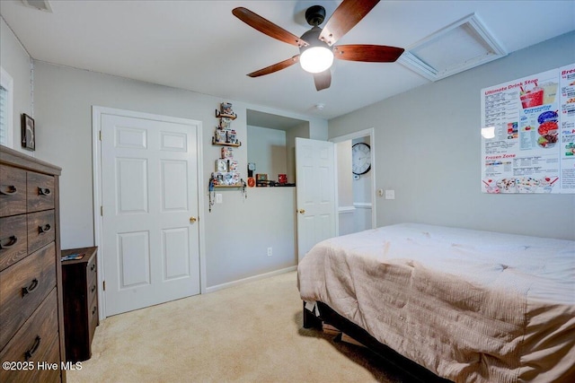 547 Deer Run Rd, New Bern, NC 28562 - bedroom with light colored carpet, ceiling fan, and attic access