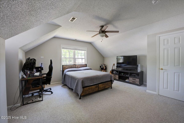 547 Deer Run Rd, New Bern, NC 28562 - bedroom with lofted ceiling, a textured ceiling, an office area, carpet flooring, and a ceiling fan