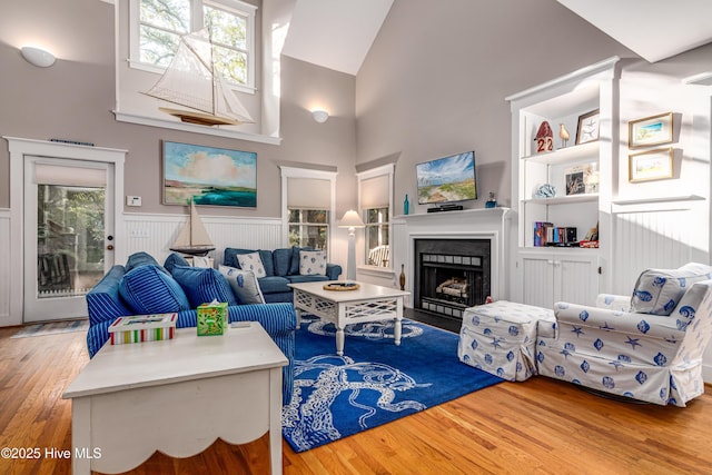 20 Fort Holmes Trl, Bald Head Island, NC 28461 - living room with wood finished floors, high vaulted ceiling, plenty of natural light, a fireplace with flush hearth, and a wainscoted wall