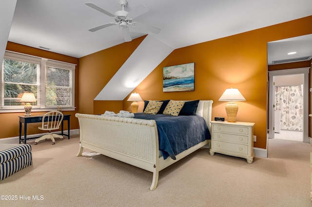 20 Fort Holmes Trl, Bald Head Island, NC 28461 - bedroom with light colored carpet, baseboards, ceiling fan, vaulted ceiling, and a wall unit AC