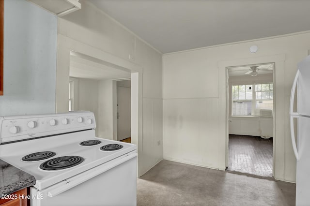 222 Evans St, Wilmington, NC 28405 - kitchen with white appliances and a ceiling fan