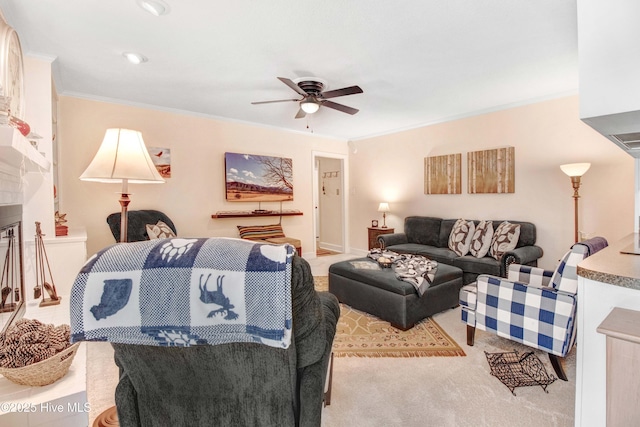 2305 Hardee Rd, Kinston, NC 28504 - living room featuring ceiling fan, ornamental molding, and carpet