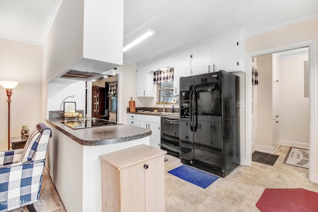 2305 Hardee Rd, Kinston, NC 28504 - kitchen with black appliances, dark countertops, premium range hood, ornamental molding, and a peninsula