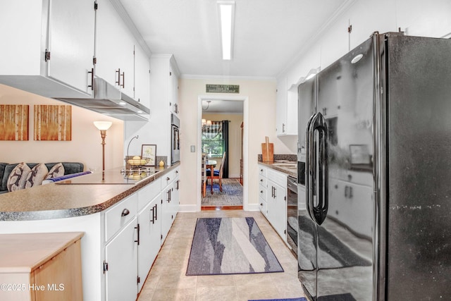 2305 Hardee Rd, Kinston, NC 28504 - kitchen with black refrigerator with ice dispenser, crown molding, white cabinetry, light tile patterned floors, and oven