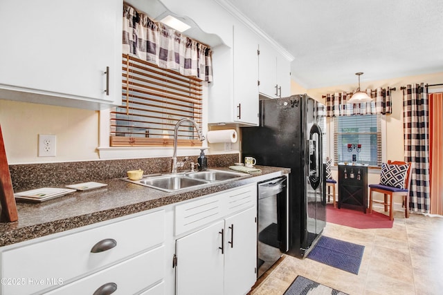 2305 Hardee Rd, Kinston, NC 28504 - kitchen featuring black appliances, dark countertops, white cabinetry, pendant lighting, and light tile patterned floors