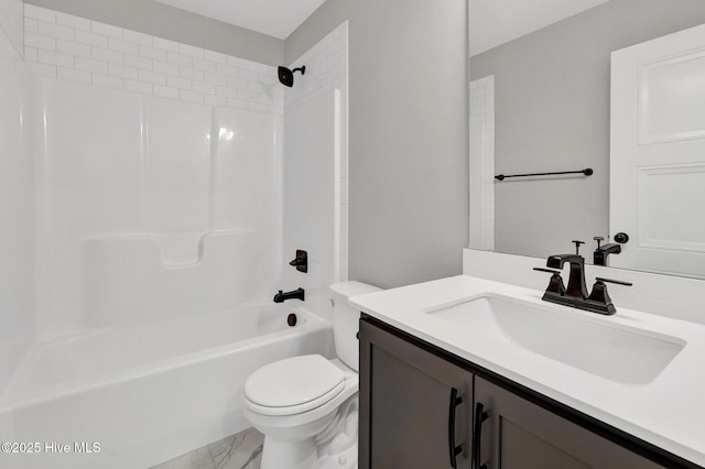 4037 Fulford Mcmillan Rd, Raeford, NC 28376 - bathroom featuring toilet, vanity, bathtub / shower combination, and marble look tiles