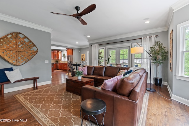 1086 Ferry Landing Dr SW, Supply, NC 28462 - living room featuring a ceiling fan, healthy amount of natural light, baseboards, wood finished floors, and recessed lighting