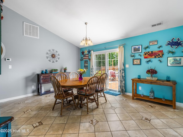 102 Sand Ct, Jacksonville, NC 28546 - dining area with a chandelier, light tile patterned floors, lofted ceiling, and baseboards
