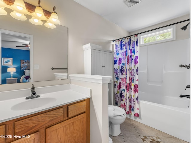 102 Sand Ct, Jacksonville, NC 28546 - bathroom with toilet, tile patterned floors, vanity, shower / tub combo, and ceiling fan