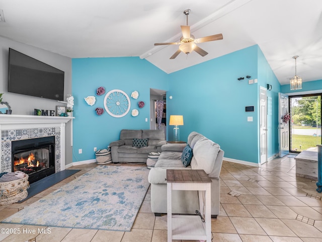 102 Sand Ct, Jacksonville, NC 28546 - living area with tile patterned floors, ceiling fan, a fireplace, and baseboards