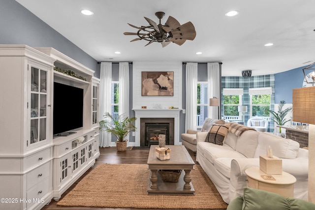 1700 Sun Palms Blvd SE, Bolivia, NC 28422 - living room featuring ceiling fan, recessed lighting, a fireplace, and wood finished floors