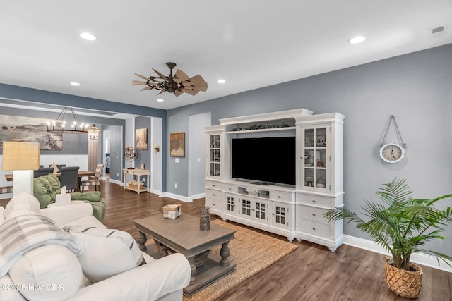 1700 Sun Palms Blvd SE, Bolivia, NC 28422 - living area featuring a chandelier, baseboards, recessed lighting, a ceiling fan, and wood finished floors