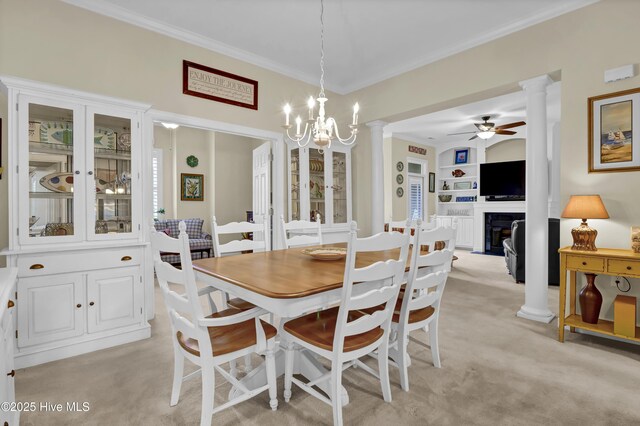 644 Village Park Dr Unit 207, Wilmington, NC 28405 - dining space featuring ornate columns, light carpet, ornamental molding, and a ceiling fan