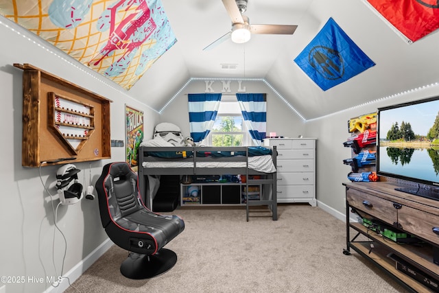105 Teal Pointe Dr, Pikeville, NC 27863 - carpeted bedroom featuring lofted ceiling, baseboards, and a ceiling fan