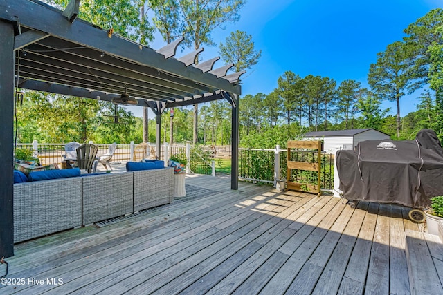 105 Teal Pointe Dr, Pikeville, NC 27863 - wooden deck featuring an outdoor hangout area, a ceiling fan, and a pergola