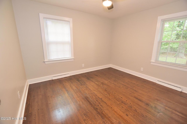 853 Burton St, Rocky Mount, NC 27803 - spare room featuring a baseboard radiator, dark wood-type flooring, baseboards, and ceiling fan