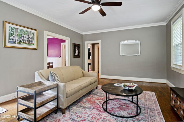 1305 Kenan St NW, Wilson, NC 27893 - living room featuring ceiling fan, crown molding, baseboards, healthy amount of natural light, and wood finished floors