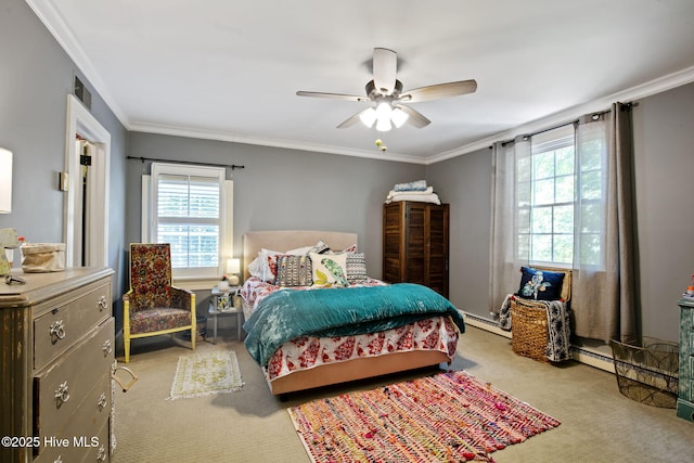 1305 Kenan St NW, Wilson, NC 27893 - bedroom with carpet floors, ornamental molding, a baseboard radiator, and ceiling fan