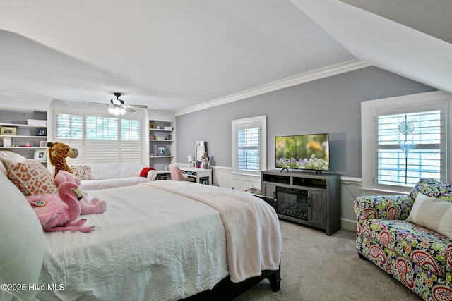 1305 Kenan St NW, Wilson, NC 27893 - bedroom featuring light colored carpet, ornamental molding, wainscoting, and ceiling fan