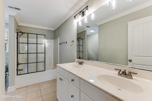 1711 Reidsville Rd, Southport, NC 28461 - full bath featuring double vanity, shower / tub combination, ornamental molding, and tile patterned floors