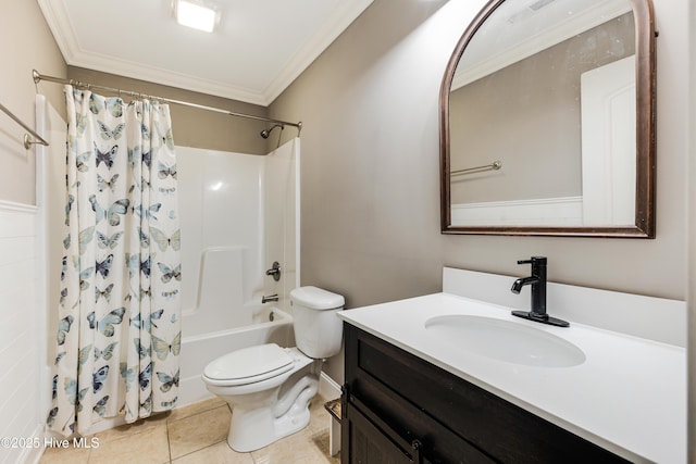 1711 Reidsville Rd, Southport, NC 28461 - full bathroom featuring crown molding, shower / tub combo with curtain, toilet, vanity, and tile patterned flooring