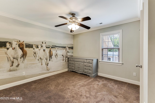1711 Reidsville Rd, Southport, NC 28461 - bedroom featuring baseboards, ornamental molding, dark carpet, and a ceiling fan