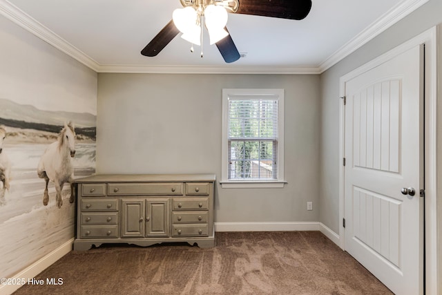 1711 Reidsville Rd, Southport, NC 28461 - unfurnished bedroom featuring baseboards, ornamental molding, dark colored carpet, and ceiling fan