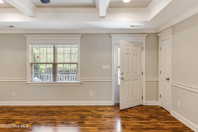 1711 Reidsville Rd, Southport, NC 28461 - foyer with wood finished floors, ornamental molding, beam ceiling, baseboards, and recessed lighting