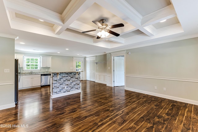 1711 Reidsville Rd, Southport, NC 28461 - unfurnished living room with ornamental molding, a ceiling fan, dark wood-style floors, beamed ceiling, and recessed lighting