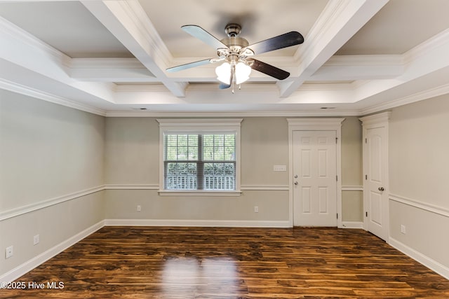 1711 Reidsville Rd, Southport, NC 28461 - unfurnished room with coffered ceiling, ornamental molding, beamed ceiling, wood finished floors, and ceiling fan