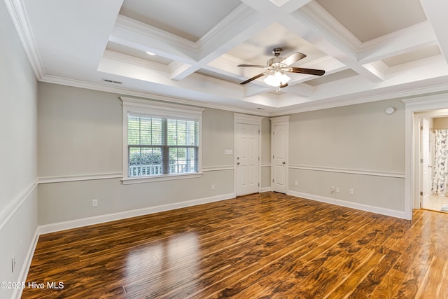 1711 Reidsville Rd, Southport, NC 28461 - spare room with crown molding, wood finished floors, beam ceiling, coffered ceiling, and ceiling fan