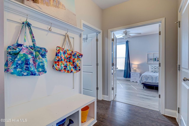 576 Steele Loop, Wilmington, NC 28411 - mudroom with a ceiling fan, dark wood finished floors, and baseboards