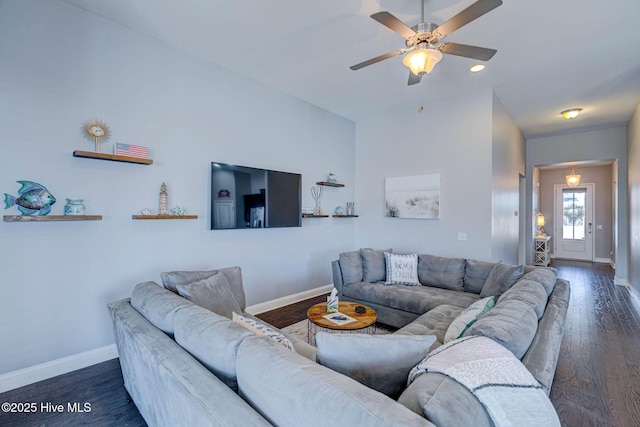 576 Steele Loop, Wilmington, NC 28411 - living area with baseboards, dark wood-style flooring, and a ceiling fan