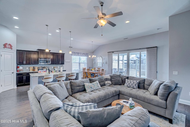 576 Steele Loop, Wilmington, NC 28411 - living room with vaulted ceiling, wood finished floors, a chandelier, ceiling fan, and recessed lighting