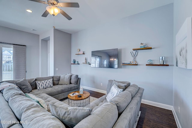 576 Steele Loop, Wilmington, NC 28411 - living room featuring ceiling fan, baseboards, dark wood-type flooring, and recessed lighting