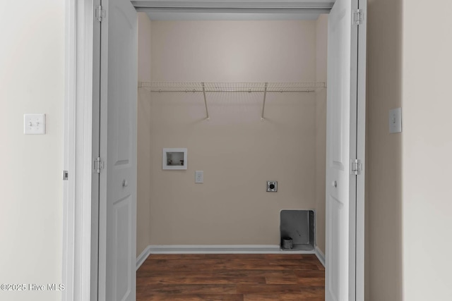 505 Oyster Rock Ln, Sneads Ferry, NC 28460 - laundry room featuring electric dryer hookup, dark wood finished floors, hookup for a washing machine, and baseboards
