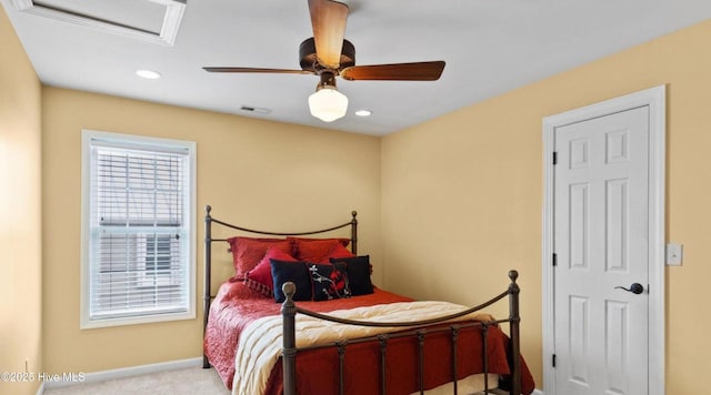 108 Kiawa Way, Atlantic Beach, NC 28512 - bedroom featuring baseboards, attic access, recessed lighting, ceiling fan, and carpet