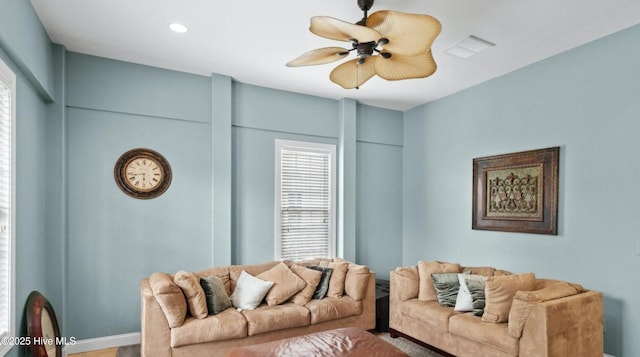 108 Kiawa Way, Atlantic Beach, NC 28512 - living room featuring ceiling fan, recessed lighting, and baseboards