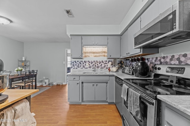 24 Donnell, Havelock, NC 28532 - kitchen with stainless steel appliances, gray cabinets, a sink, light wood-style floors, and tasteful backsplash