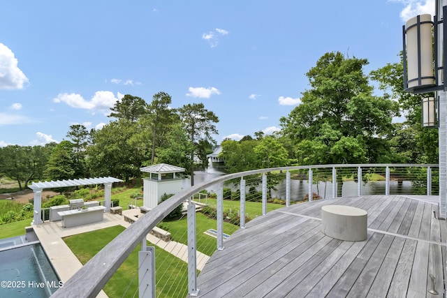 1064 Ocean Ridge Dr, Wilmington, NC 28405 - deck featuring an outdoor hangout area, a pergola, view of wooded area, a water view, and a yard