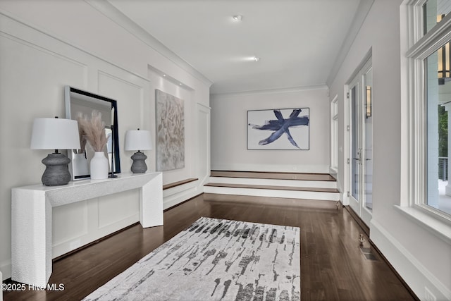 1064 Ocean Ridge Dr, Wilmington, NC 28405 - hall featuring dark wood-type flooring and ornamental molding